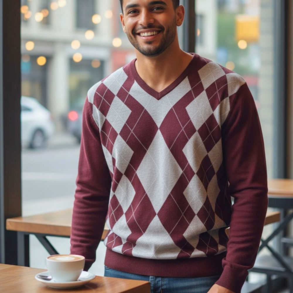 Batistini Argyle V-neck Sweater Burgundy Preppy Academia Casual Classic / 2XL